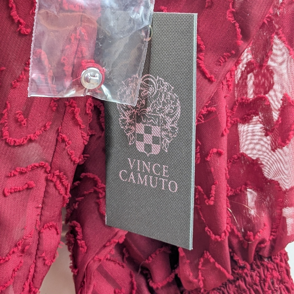 Vince Camuto NWT Deep Red Lace Burnout Smocked High neck Blouse Top Large - Picture 5 of 10